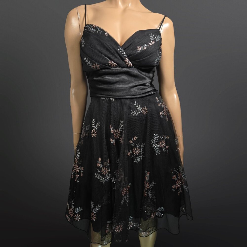 Y2K Black Glitter Mesh Overlay Dress Satin Sash Size M Prom Party Fairy Goth